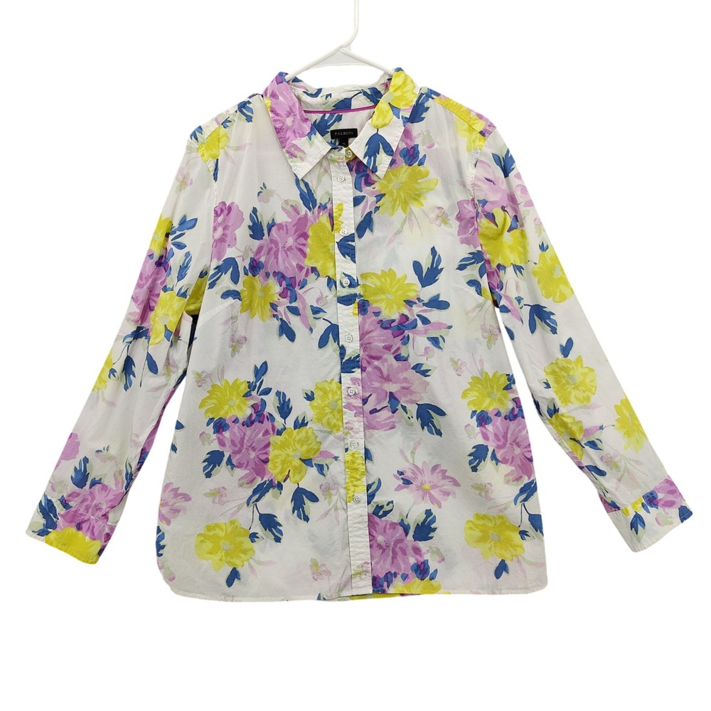 Talbots Womens Cottage Garden Preppy Floral Button Up Shirt XL Top White Yellow